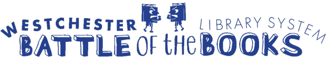 Logo with the words "Westchester Library System Battle of the Books" featuring two anthropomorphic books with faces getting ready to punch each other in the center.