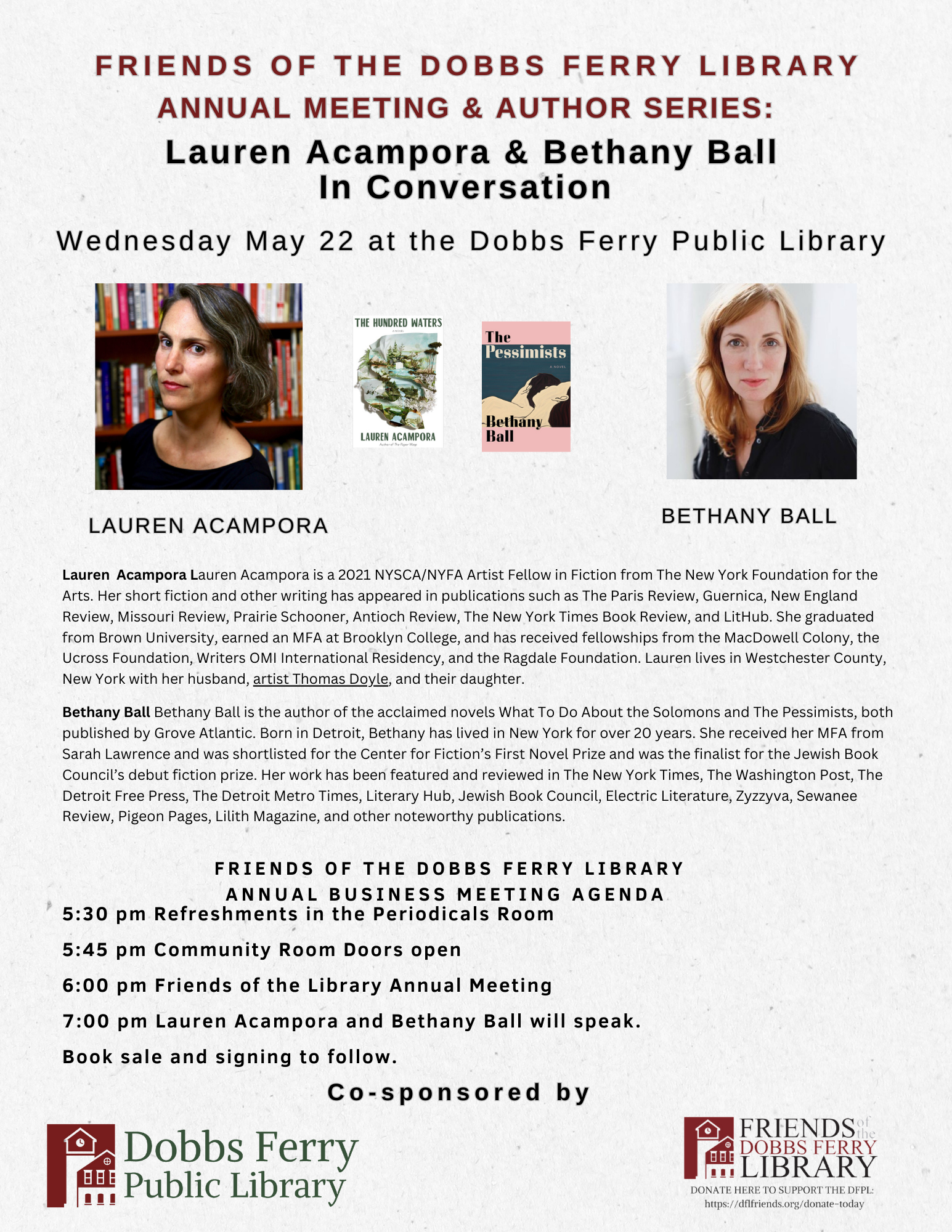 Friends of the Library Annual Business Meeting & Meet the Author: Lauren Acampora & Bethany Ball