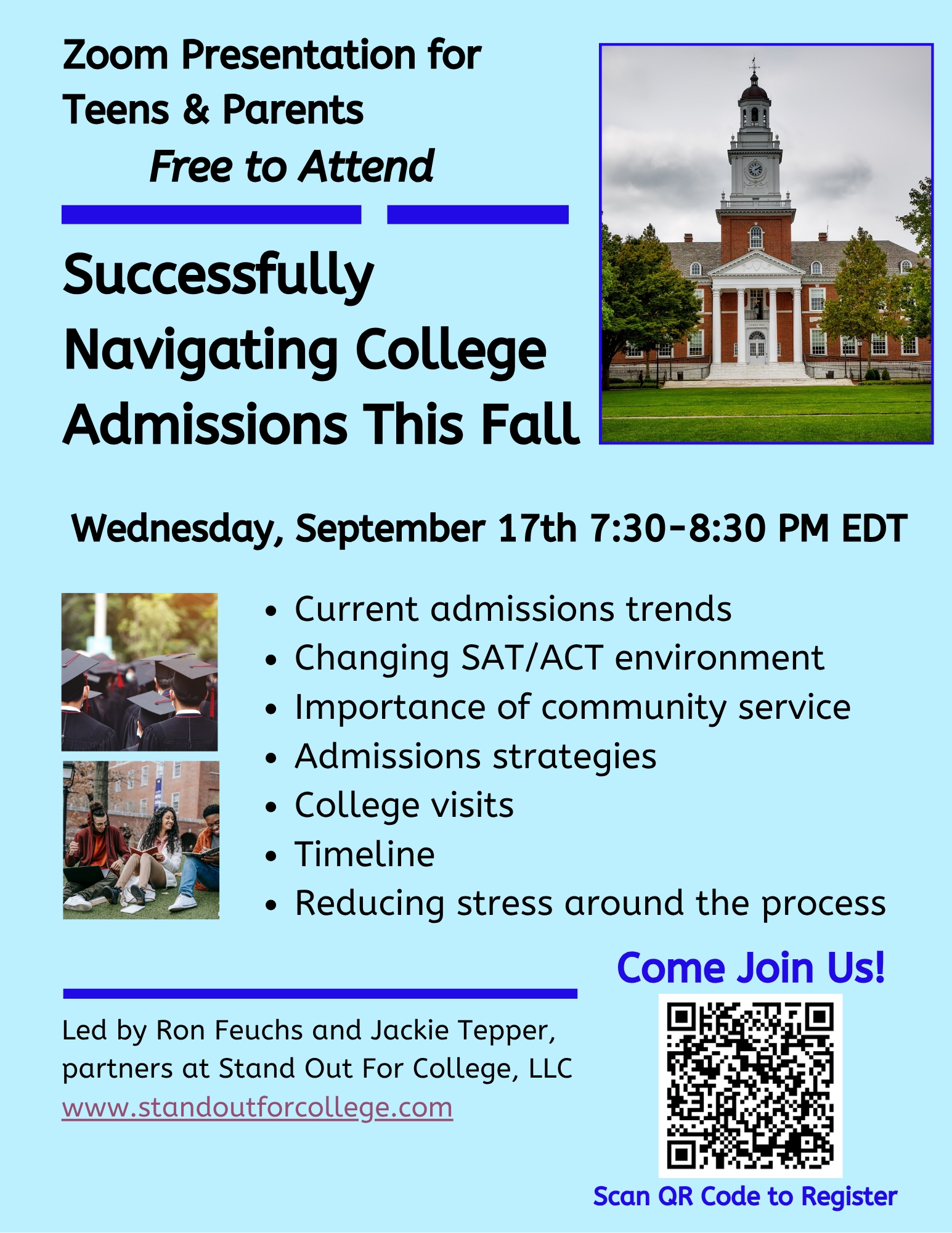 Stand out for College virtual program "Successfully Navigating College Admissions this Fall" via ZOOM (Registration)
