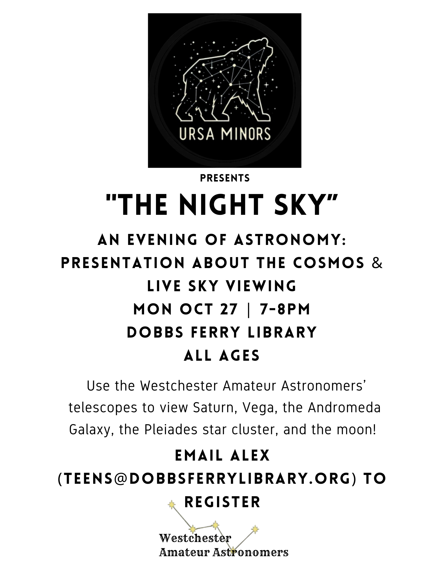 "The Night Sky" An Evening of Astronomy: Presentation about the Cosmos & Live Sky Viewing (Registration)