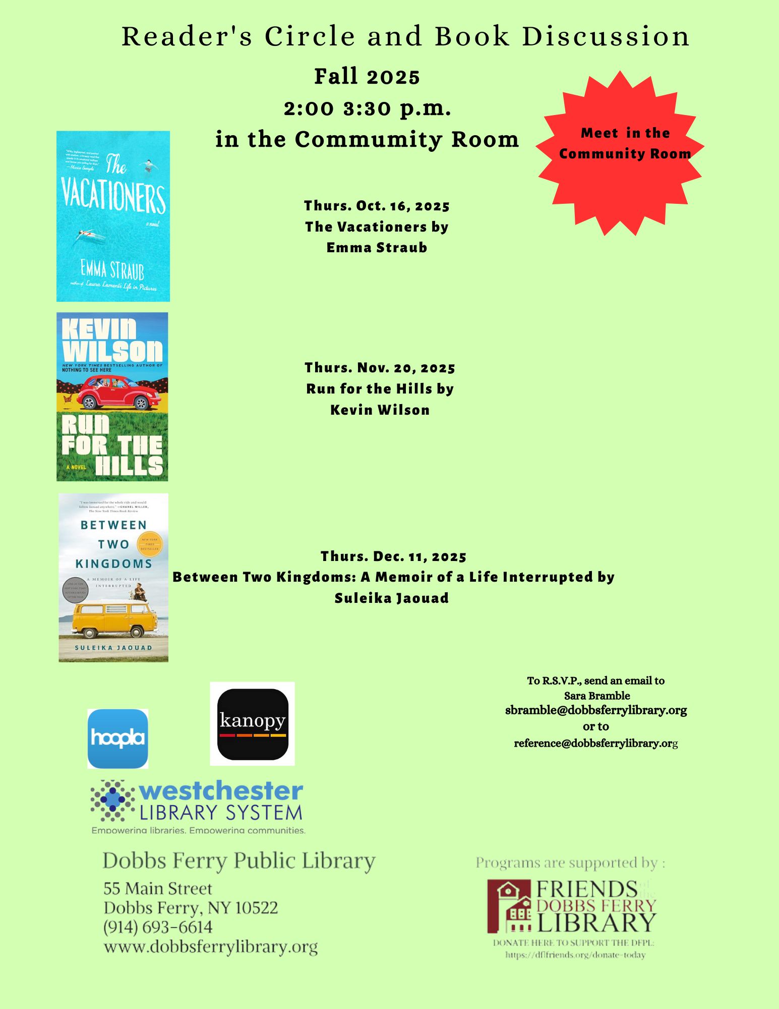 Reader's Circle and Book Discussion: "The Vacationers" (please R.S.V.P.)